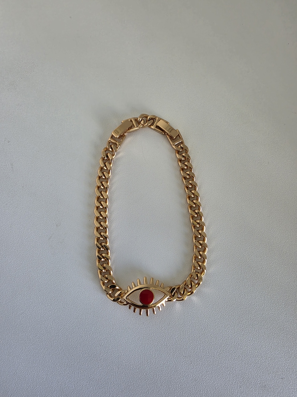 Rose Gold Plated Evil Eye Chain Bracelet Red Enamel 7" Cuban Link